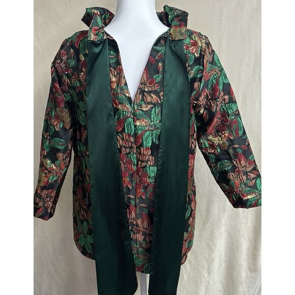 Shop the Mint Metallic Floral Holiday Top Bow Tie Neck Blouse Green Red Small - Picture 4 of 14